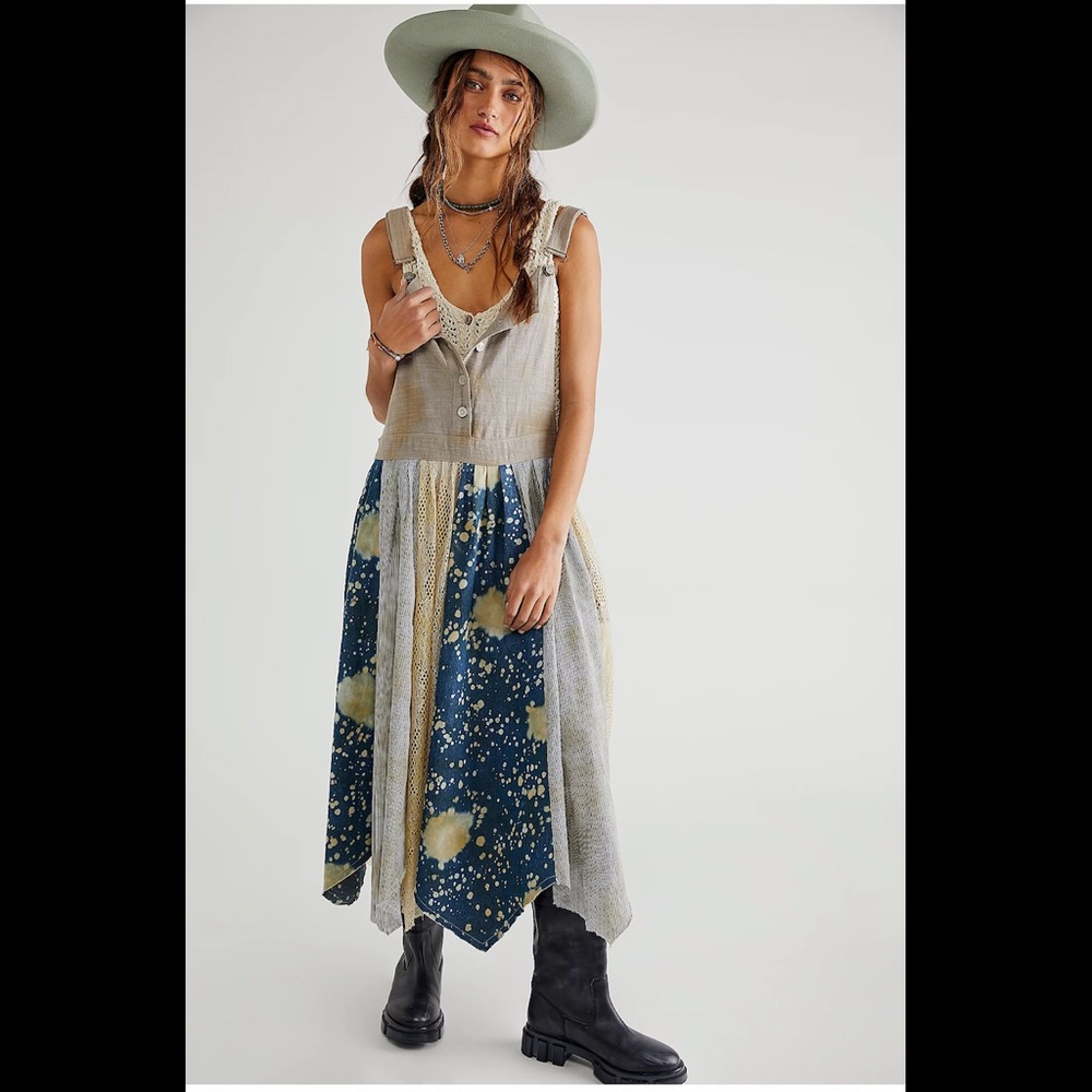 Free people Love Tattered Skirtall Denim Skirt Overalls size 10 NWT